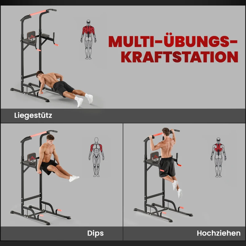 HOMCOM Power Tower höhenverstellbar Dip Station mit Klimmzugstange Saugnäpfe, Gepolstert Trainingsgerät für Zuhause