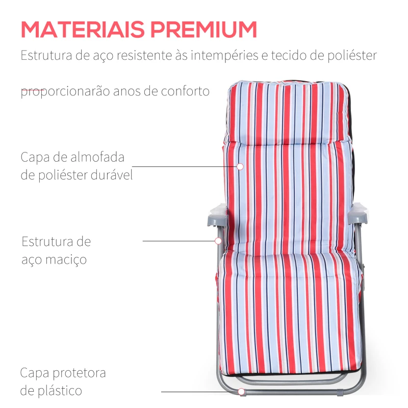 Outsunny 2 Espreguiçadeiras de Jardim em Aço com Almofada Acolchoada Encosto Ajustável e Apoio para Pés 60x75x65-102 cm Vermelho e Branco