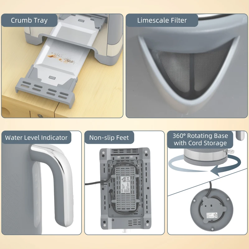 HOMCOM Sleek Textured Kettle and Toaster Set - Grey