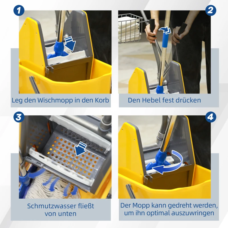 HOMCOM Reinigungseimer, Wischmoppeimer, rollbar, Kunststoff, Metallgriff, Gelb