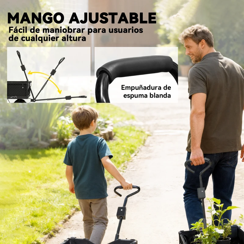 Outsunny Carrito de Jardín con Ruedas Grandes Bolsa Impermeable Removible y Mango Giratorio Carga 300 kg 105x51x54 cm Negro