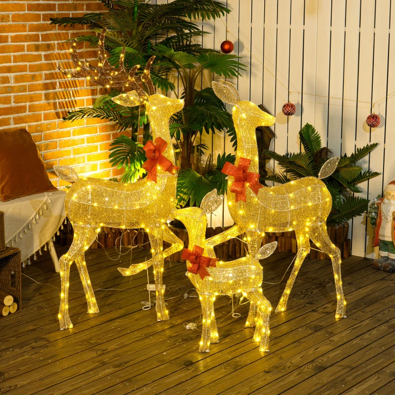 Outsunny 3 Renas Luminosas de Natal em Forma de Família de Renas Renas Luminosas de Natal em Aço 283 LED Branco Quente Ouro