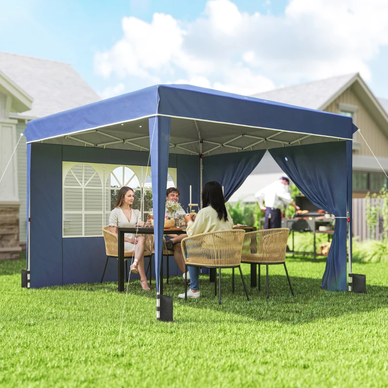 Outsunny Paviljoen 3 x3 m waterdicht in hoogte verstelbaar Pop-up vouwpaviljoen met 2 zijpanelen, UV 50+ opvouwbaar Donkerblauw