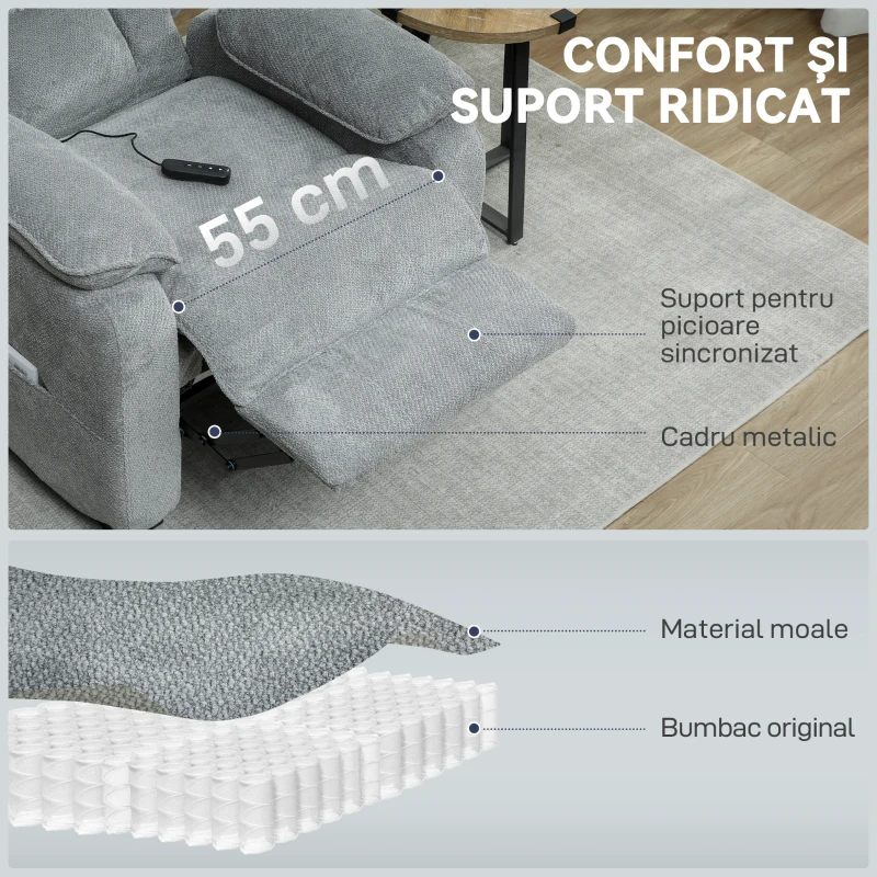 HOMCOM Fotoliu Electric Reclinabil 150° cu Suport pentru Picioare, Port USB, Fotoliu Reclinabil Silențios, Sezut Larg, Telecomandă, Funcție Memorie, din Catifea, pentru Living, Gri