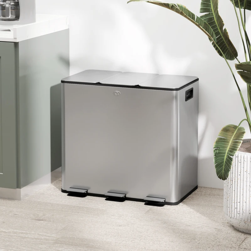 HOMCOM Poubelle de cuisine, poubelle tri sélectif, 3 compartiments de 15L, seaux intérieurs amovibles, 61,9x36,6x43,2cm, argent