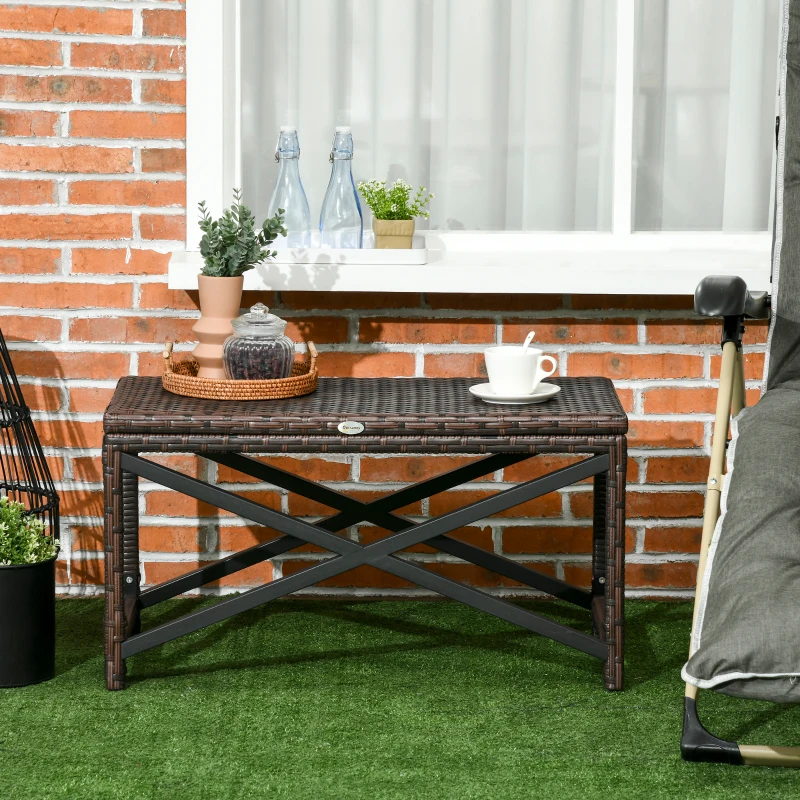 Outsunny PE Rattan Garden Side Table, Outdoor Coffee Table with X-Shape Frame, Mixed Brown