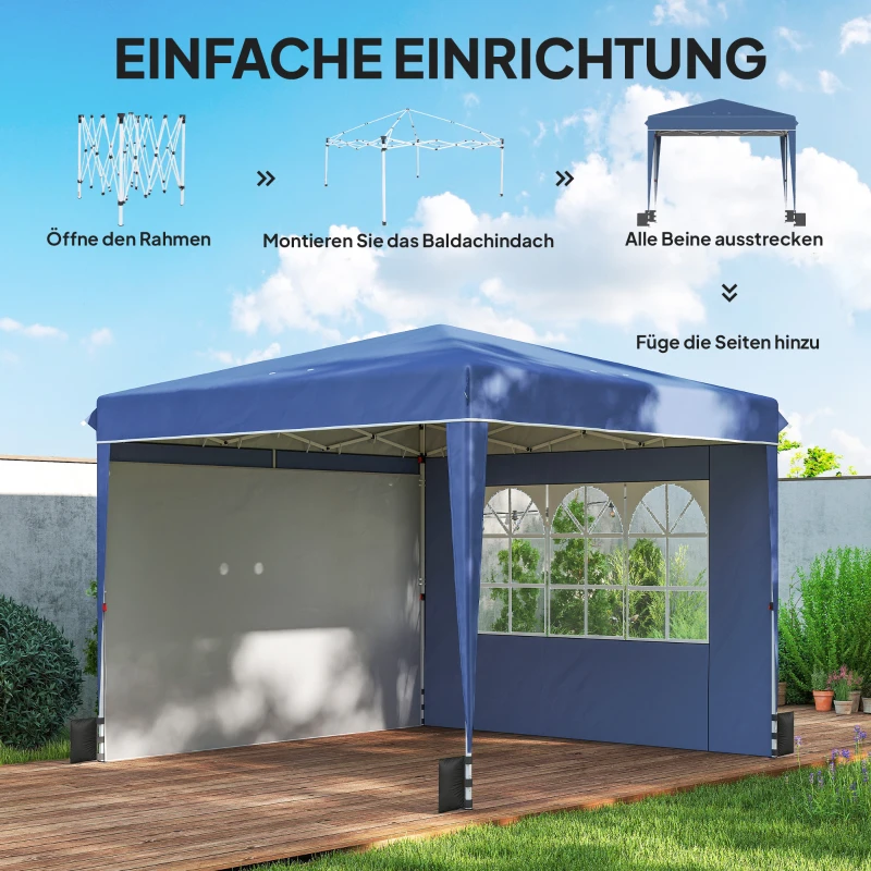 Outsunny Paviljoen 3 x3 m waterdicht in hoogte verstelbaar Pop-up vouwpaviljoen met 2 zijpanelen, UV 50+ opvouwbaar Donkerblauw