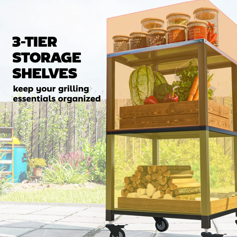 Outsunny Grillwagen met 3 Etages en Roestvrijstalen Werkblad, Serveerwagen 50 x 50 x 90 cm Zwart