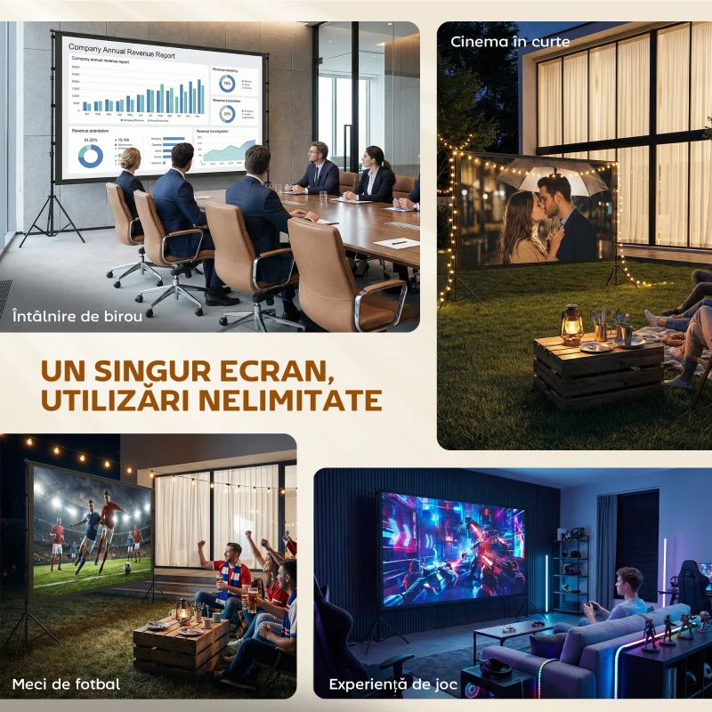 HOMCOM Ecran de Proiecție 120" 4K/8K HD Format 16:9 cu 2 Trepiede Pliabile, Ecran Portabil cu Față Dublă, Unghi Larg de 160°, pentru Cinema Acasă sau Exterior, Alb