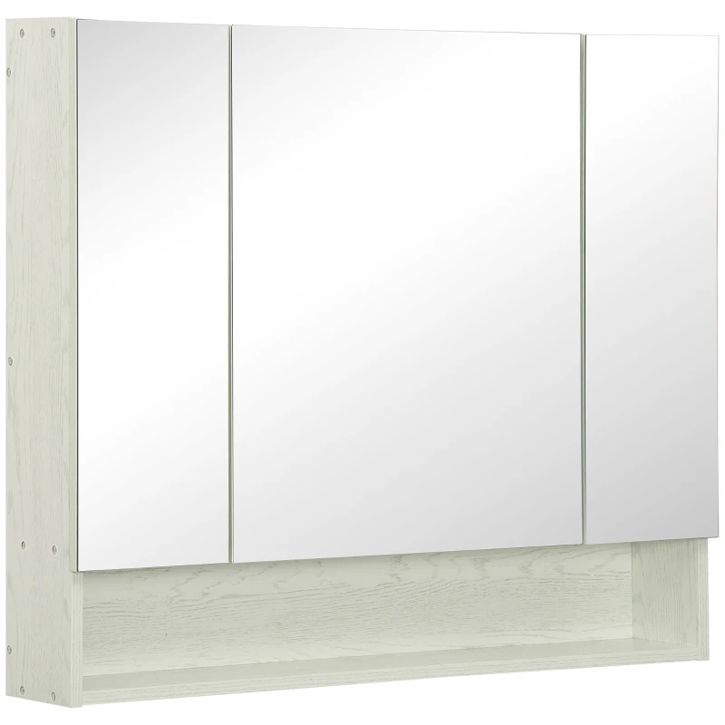 kleankin Armadietto con Specchio a 4 Sezioni con Ripiani Regolabili, Specchiera Bagno in Legno e Vetro, 90x15x75 cm, Bianco