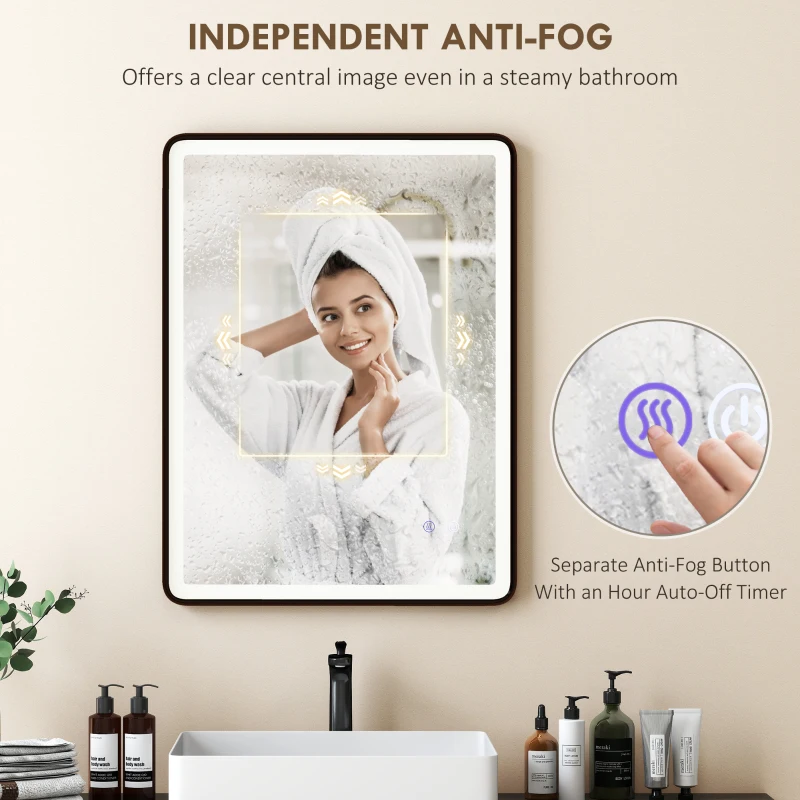 HOMCOM LED Lustro łazienkowe z funkcją przeciwmgielną, lustro do makijażu z oświetleniem, 80 x 60 cm, czarna rama