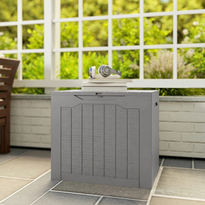 Outsunny 93L Plastic Garden Storage Box, Outdoor Storage Box with Handles, Waterproof Outdoor Storage Container, Khaki