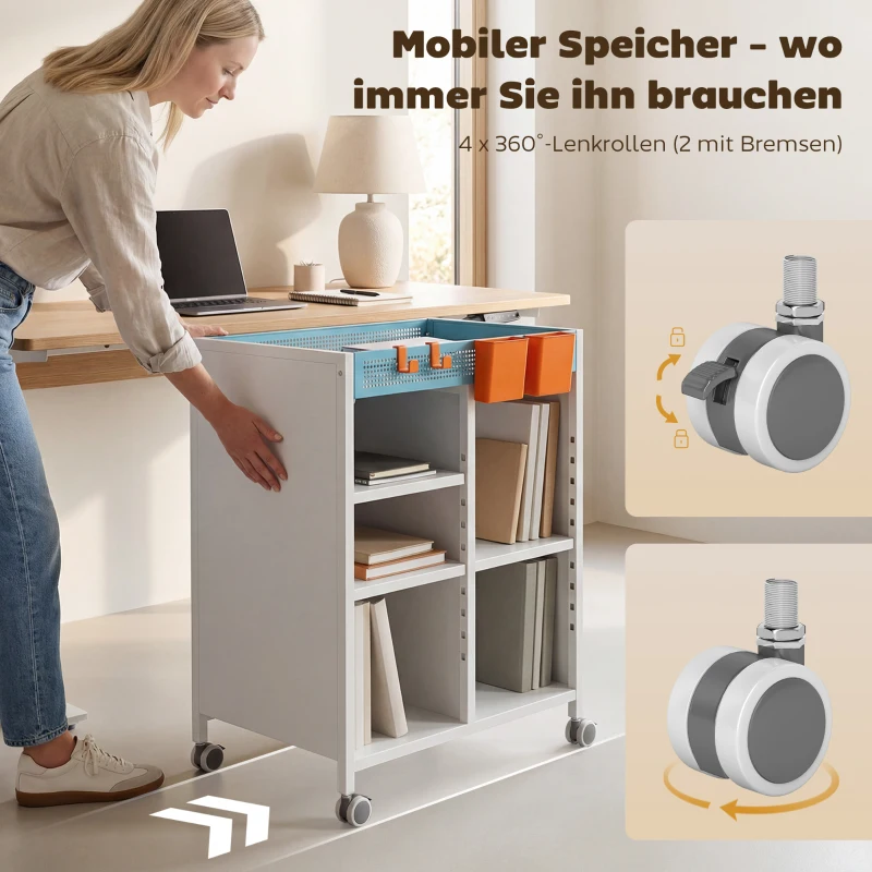 HOMCOM Boekenkast op Wielen, 4-laags, Verstelbare Planken & Hangmanden voor Home Office en Woonkamer, Wit