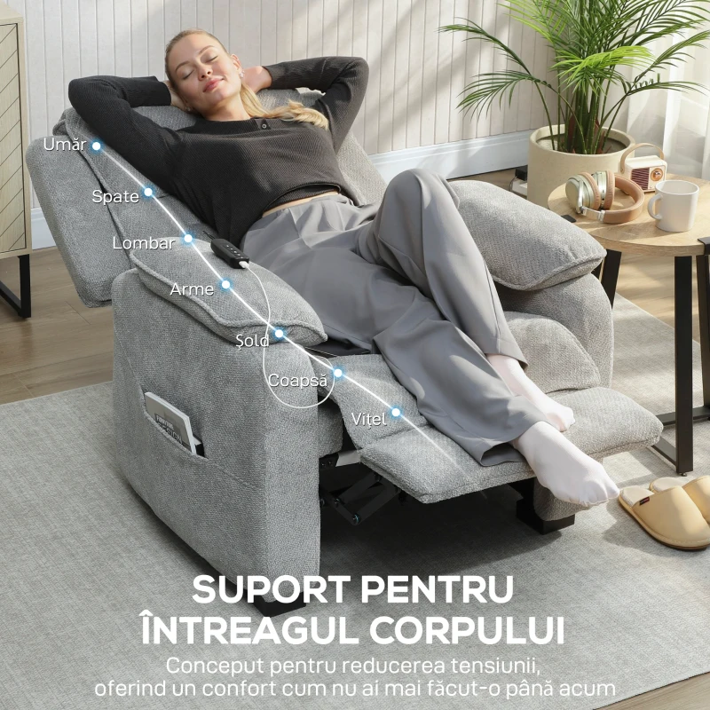 HOMCOM Fotoliu Electric Reclinabil 150° cu Suport pentru Picioare, Port USB, Fotoliu Reclinabil Silențios, Sezut Larg, Telecomandă, Funcție Memorie, din Catifea, pentru Living, Gri