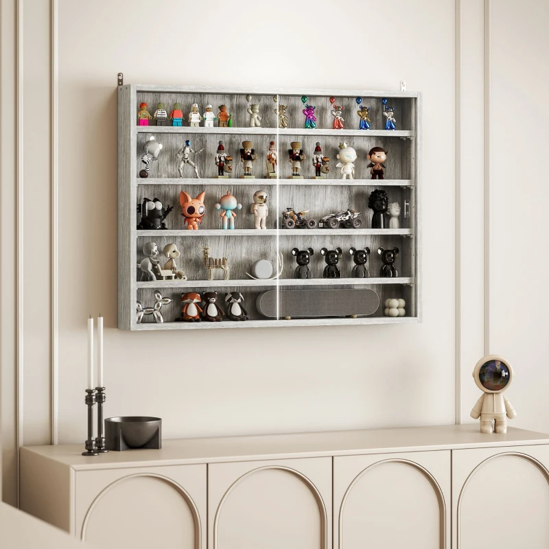 HOMCOM Vetrina per Collezionismo a 4 Ripiani Regolabili in Legno con Ante in Vetro, 80x9.5x60 cm, Grigio