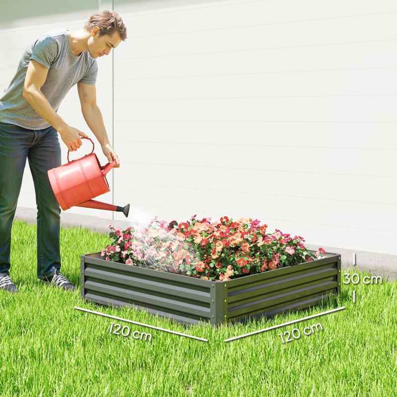 Outsunny Gartenbeet, Pflanzkasten mit Stahlgehäuse, Hellgrau, 120 x 120 x 30 cm