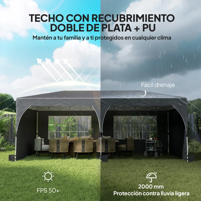 Outsunny Carpa Plegable 6x3 m con Tiras Reflectantes UPF 50+ Fácil Montaje Sistema Central de Bloqueo Impermeable Gris Oscuro
