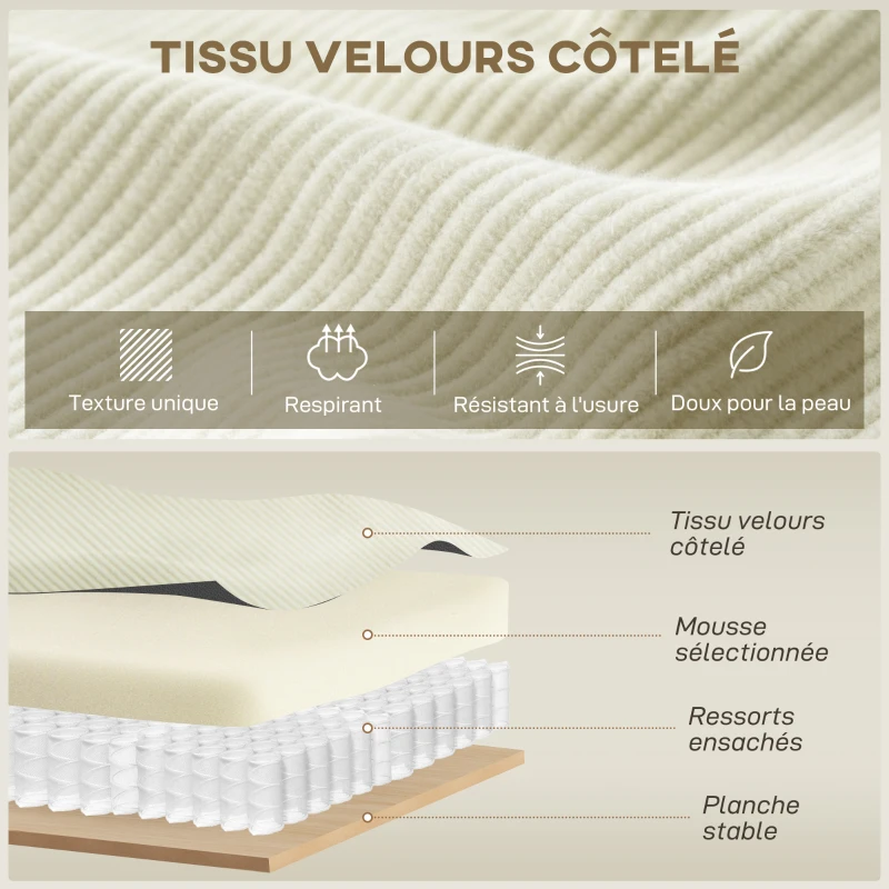 HOMCOM Canapé d'angle réversible 3 places moderne avec coussins inclus, tissu velours côtelé, crème(m-5)