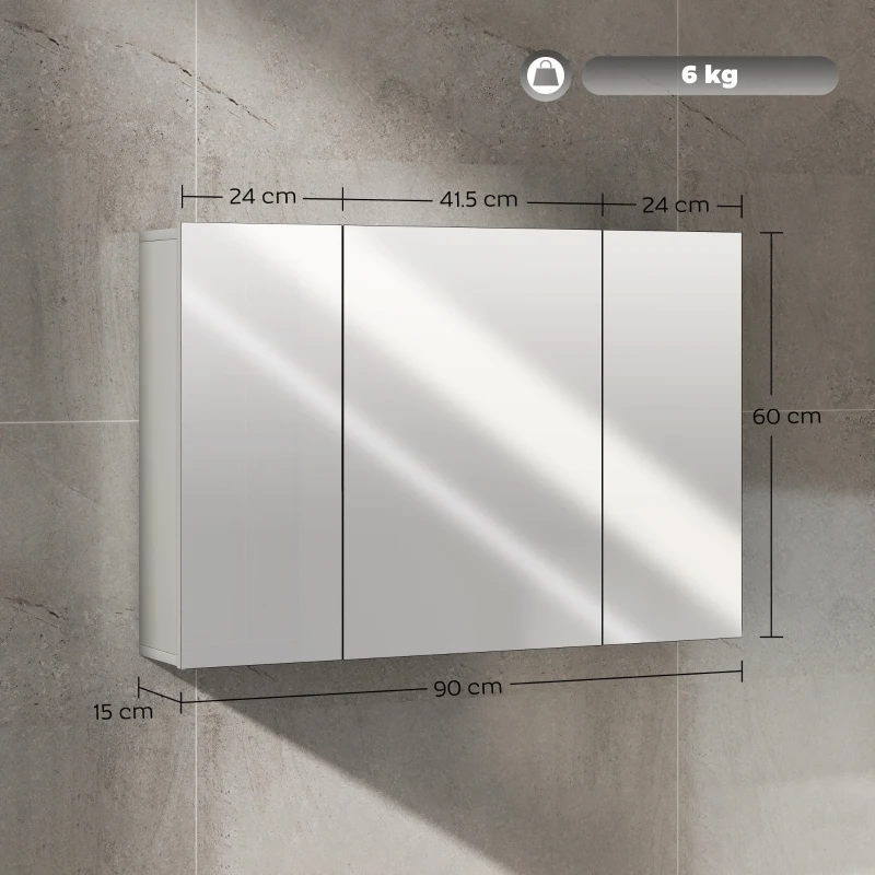 kleankin Dulap de baie suspendat cu 3 uși oglindă și polițe reglabile din MDF Gri dim. 90L x 15l x 60H cm