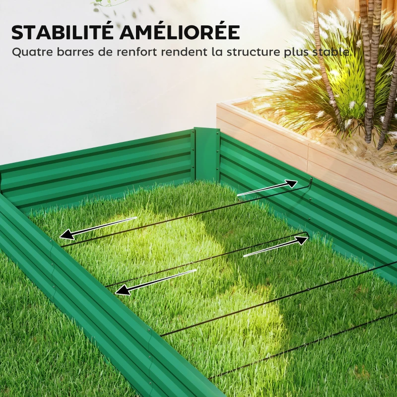 Outsunny Jardinière extérieure carré potager galvanisée avec bordure de sécurité et fond ouvert 240 x 120 x 30 cm vert