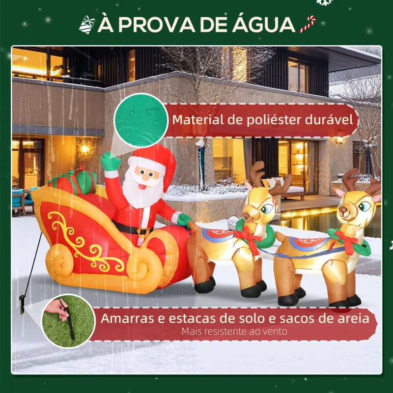 Outsunny Pai Natal Insuflável com Trenó e Renas Insufláveis de Natal com Luzes LED para Exterior e Interior 240x75x100 cm Multicor