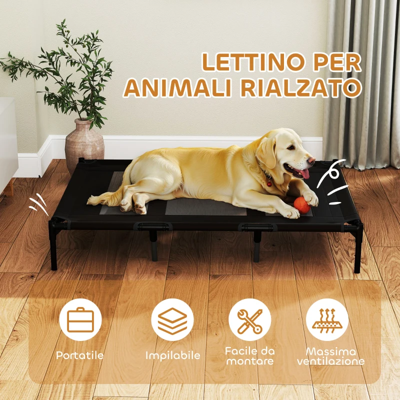PawHut Lettino per Cani Rialzato con Borsa da Viaggio, in Metallo e Tessuto Oxford, 122x92x23 cm, Nero
