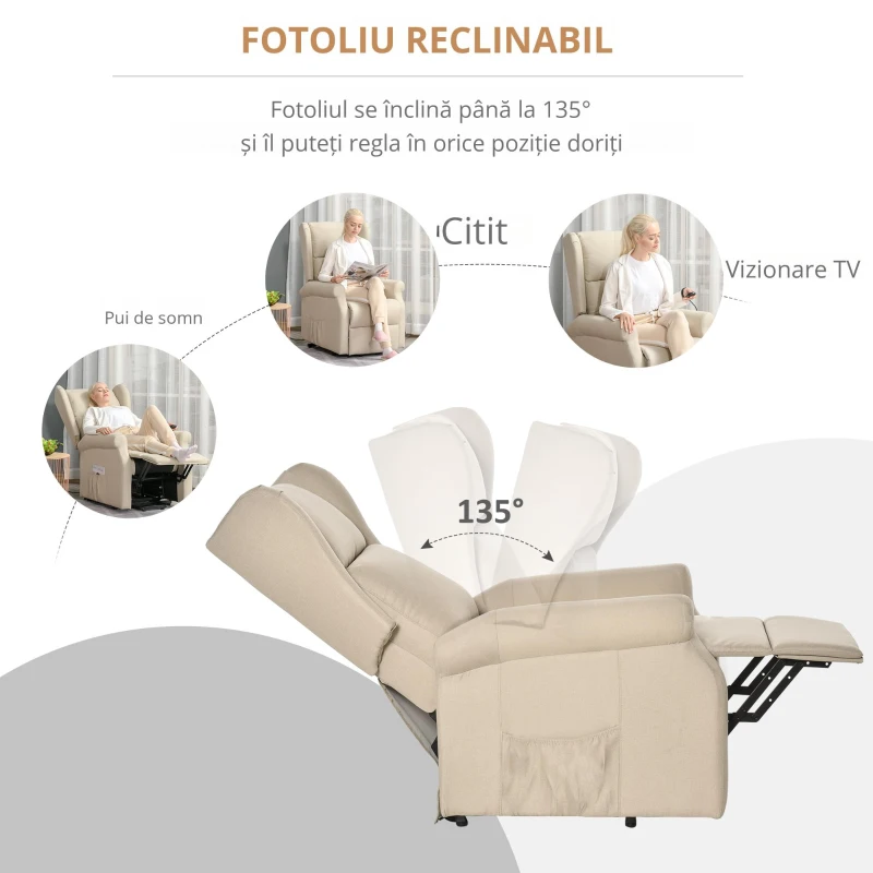 HOMCOM Fotoliu Ridicare si Rabatare cu Telecomanda – Crem