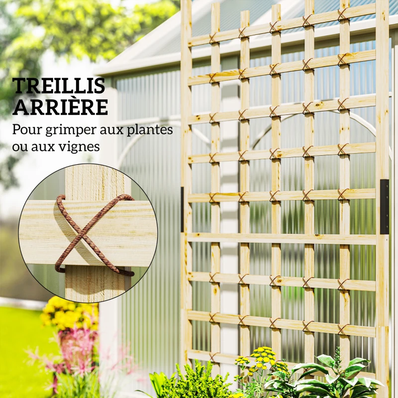 Outsunny Jardinière avec treillis, bac à fleurs avec roues, pour plantes grimpantes, bois massif, 82,5x35x186cm, bois naturel