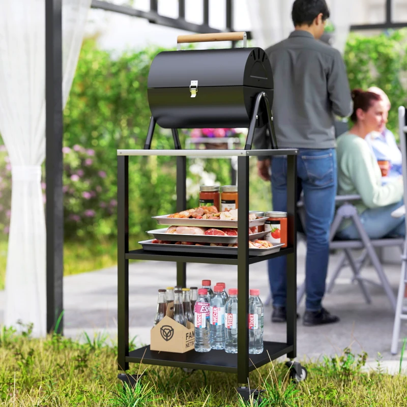 Outsunny Chariot de barbecue 3 niveaux Table de travail en acier inoxydable Roulettes Chariot de service mobile 50 x 50 x 90 cm Noir