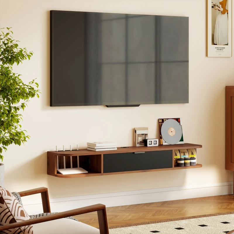 HOMCOM Mobilier TV Suspendat, Suport TV Până la 50" cu Sertar Rabatabil, 2 Rafturi Deschise și Orificiu pentru Cabluri, Mobilier pentru Televizor pentru Sufragerie, Dormitor și Sală de Stat, 120x24x16 cm, Nuc