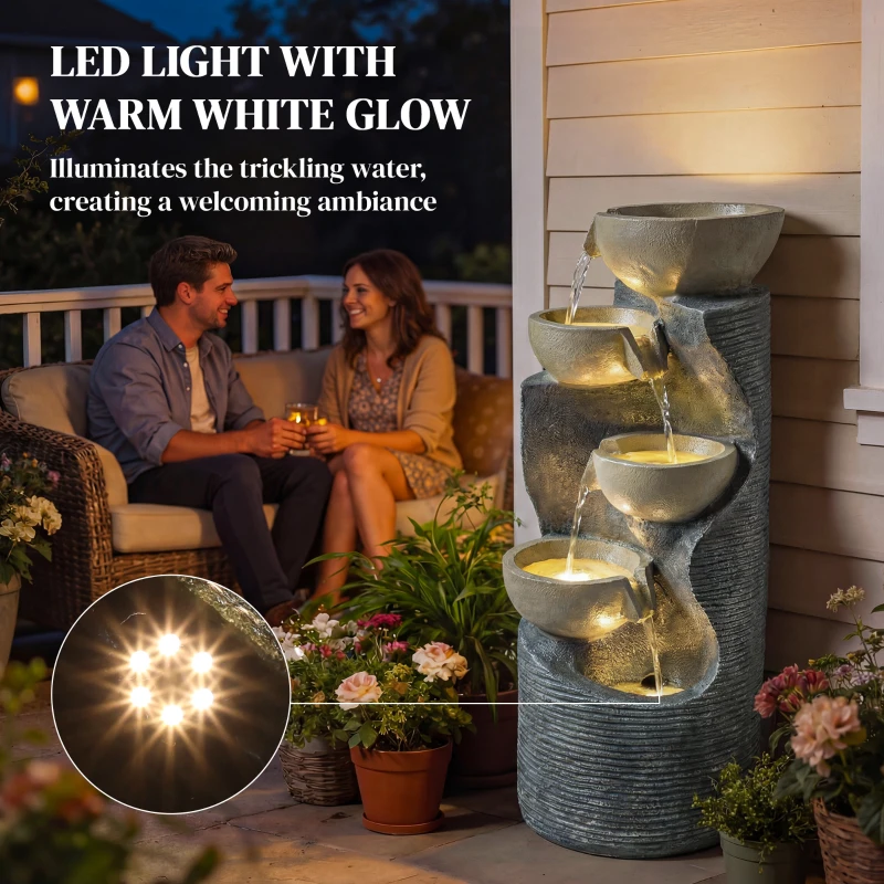 Outsunny Springfontein 5-traps Tuinfontein met LED Verlichting Pomp Steenlook, Verstelbaar 33 x 31 x 80 cm