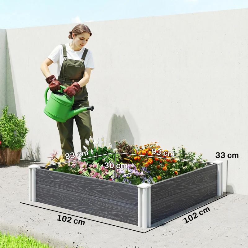 Outsunny Canteiro Elevado em Vinil para Jardim 102x102x33 cm Kit Modular com Pernas de Encaixe e Fundo Aberto Canteiro Elevado para Flores Ervas e Verduras Cinza Escuro