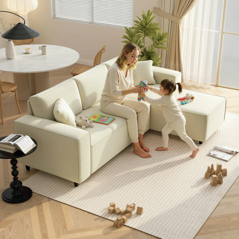 HOMCOM Canapé d'angle réversible 3 places moderne avec coussins inclus, tissu velours côtelé, crème(m-2)
