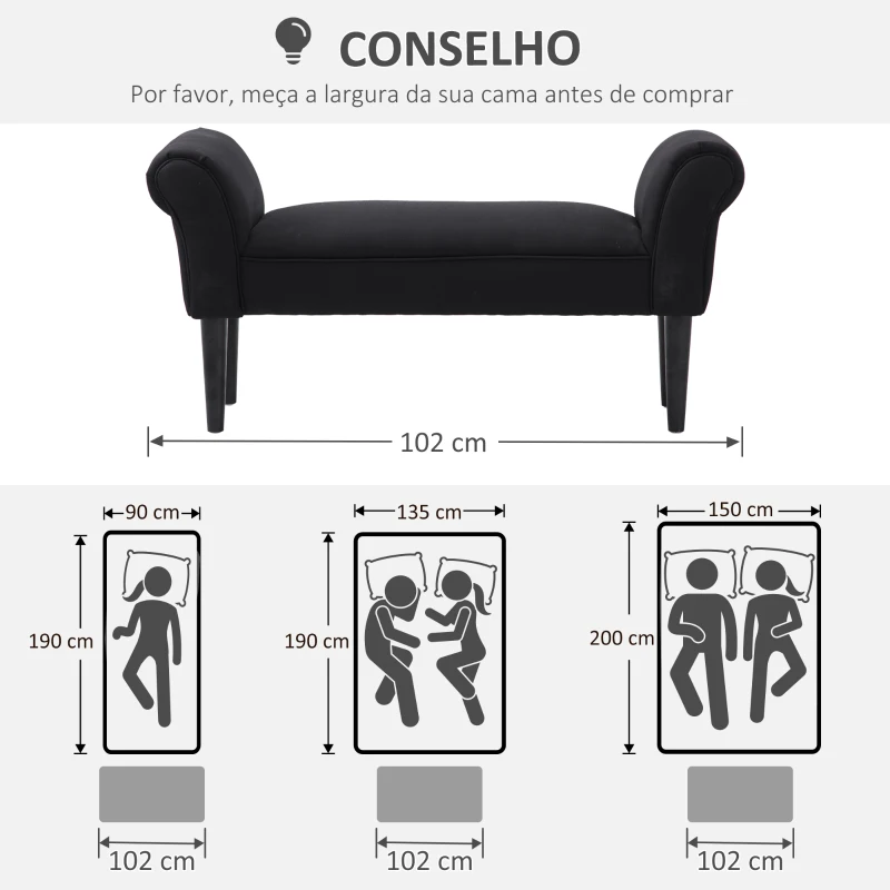 HOMCOM Banco de Pé de Cama Estofado em Linho Sintético com Pés de Madeira Braços e Assento Acolchoado Cinzento Escuro