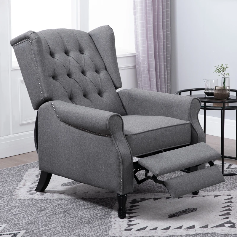 HOMCOM Recliner Armchair, Vintage Reclining Chair with Nail Head Trim, Wingback Chair with Button Tufted Back and Footrest, for Living Room, Grey