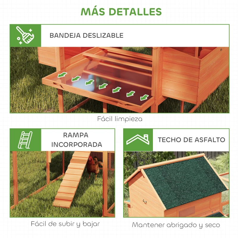 PawHut Gallinero de Madera Grande Exterior con 2 Nidos Corral Techo Asfáltico Bandeja Extraíble y Rampa 347x160x150 cm Naranja