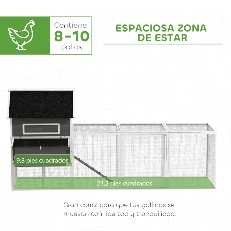 PawHut Gallinero Madera Grande Exterior con 2 Nidos Corral Techo Asfáltico Bandeja Extraíble Rampa 347x160x150 cm Gris Oscuro