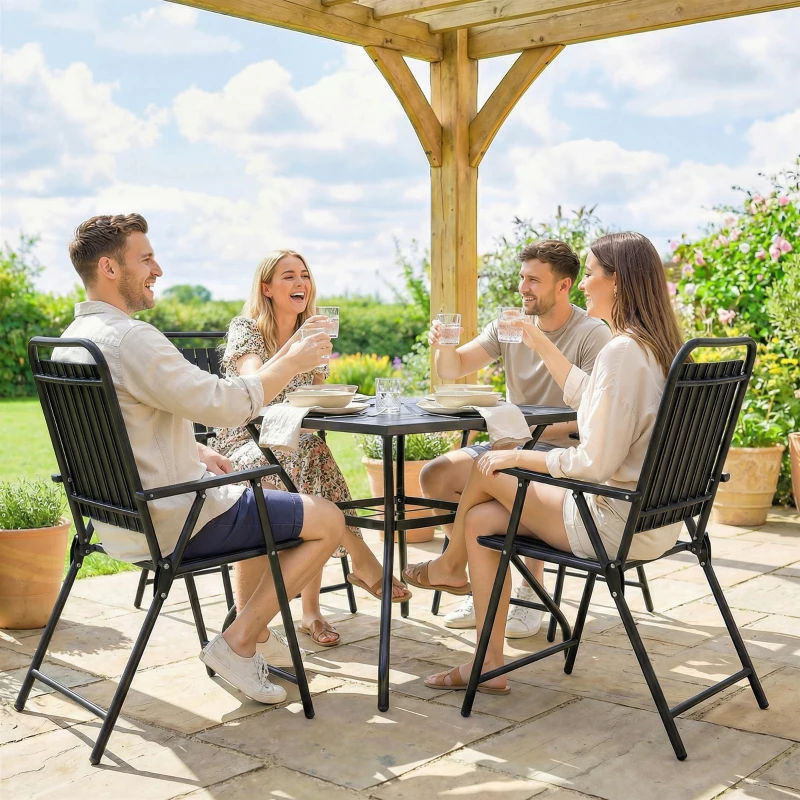 Outsunny Set de 4 scaune de grădină pliabile pentru exterior cu cotiere, spătar și șezut cadru metalic 55x63x93 cm negru