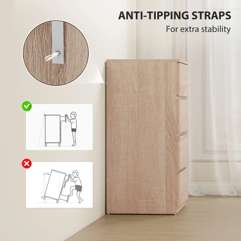 HOMCOM Comodă cu 4 Sertare, Dulap Înalt pentru Dormitor, Comodă cu Sertare cu Ghidaje Metalice și Mânere Scanalate, Alb