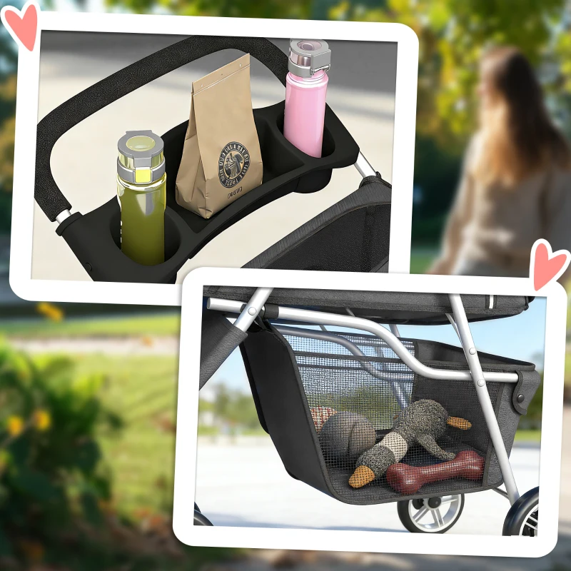 PawHut Opvouwbare Hondenwagen met Verstelbare Kap, Opbergmand, voor Kleine Honden tot 10kg, 77 x 44 x 102 cm, Donkergrijs