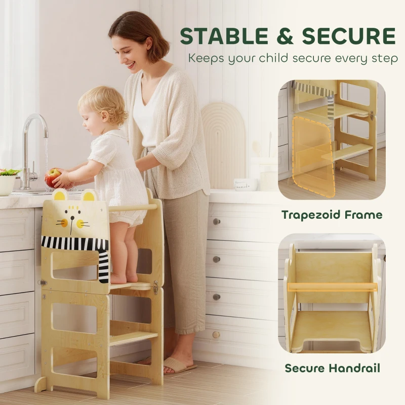 AIYAPLAY Toddler Step Stool, Standing Tower with Chalkboard, 3-in-1 Cat-Shaped Step Stool for Kitchen Counter, Natural