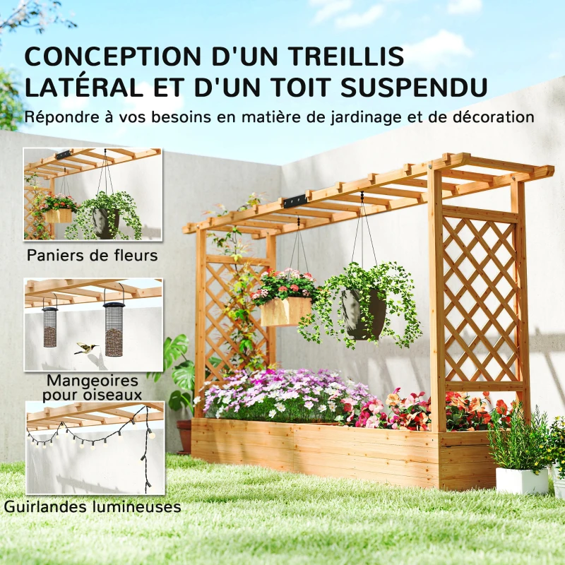 Outsunny Jardinière surélevée avec treillis latéral et supérieur, bac à fleurs trous de drainage, 200x44x113,5cm, bois naturel
