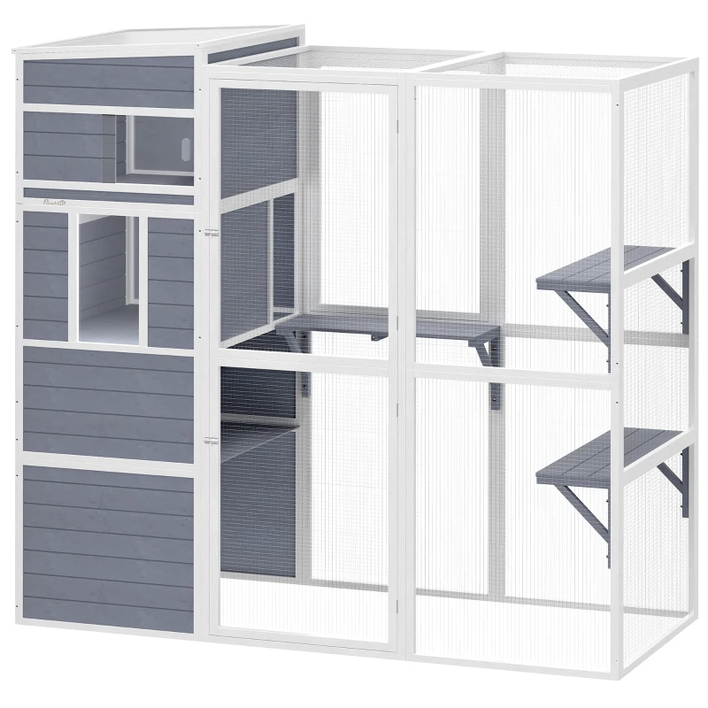 PawHut 4-Tier Wooden Catio Cat Outdoor Enclosure with Sun Roof, Resting Rooms, 3 Platforms, Window Outdoor Indoor, Grey