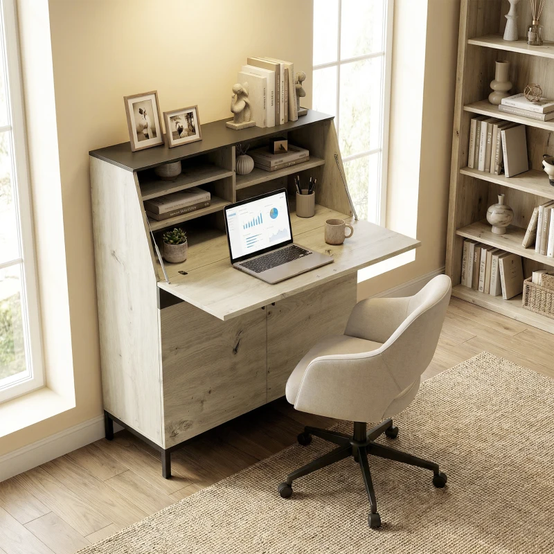 HOMCOM Industrial Secretary Desk with Shelves and Metal Frame 100 cm Natural Wood and Black