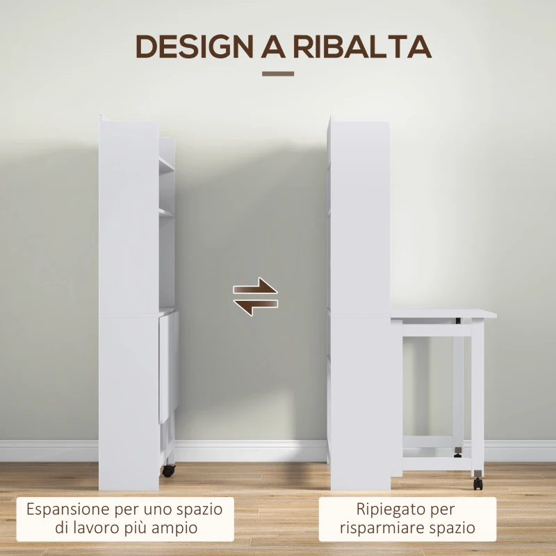 HOMCOM Scrivania con Libreria, Piano Pieghevole, 2 Ruote e 4 Ripiani, Scrivania Salvaspazio Moderna con Foro Passacavi, Tavolo per Computer, Casa Ufficio Studio Camera da Letto, 80x69x155 cm, Bianco