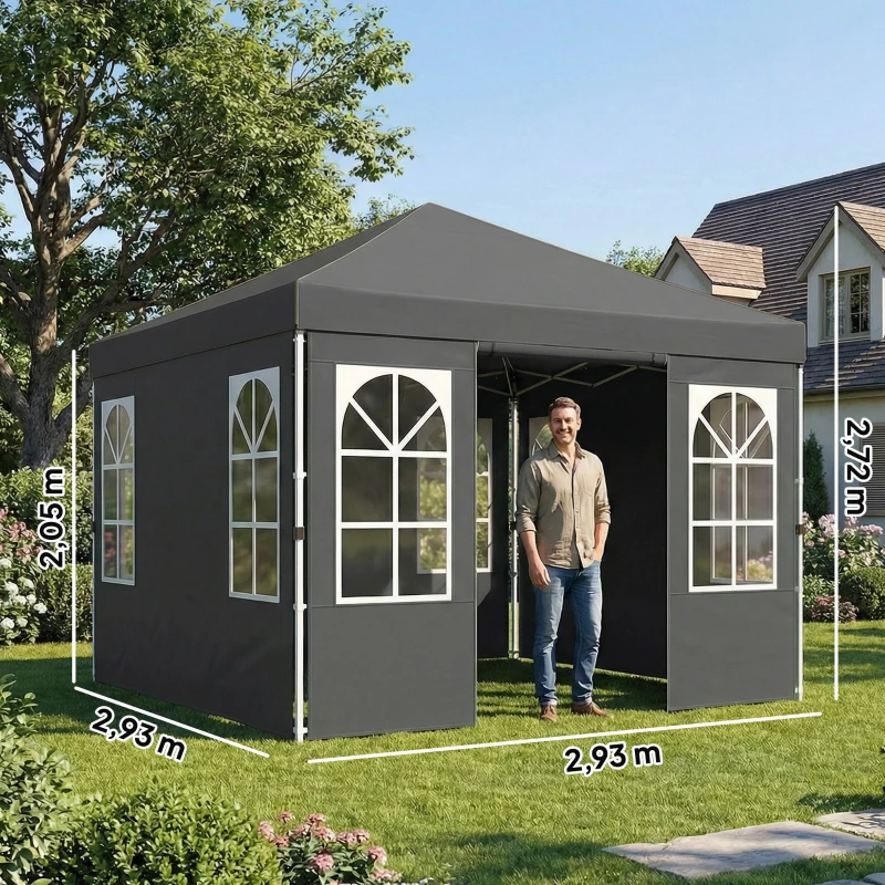 Outsunny Pavillon 3x3m Wasserdicht Stabil Winterfest Pop-up Faltpavillon, Ein-Knopf-Aufbau, UV 50+ Dunkelgrau