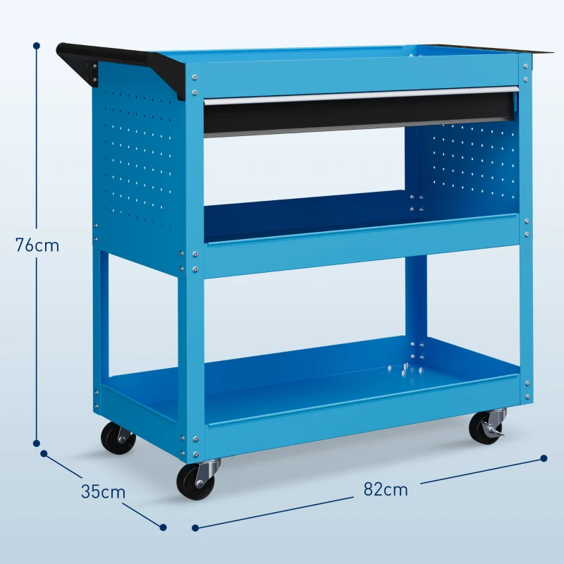 HOMCOM Werkzeugkoffer Werkzeugtrolley Werkzeugbox, 3 Ebenen, 4 Rollen, 82 cm x 35 cm x 76 cm, Blau