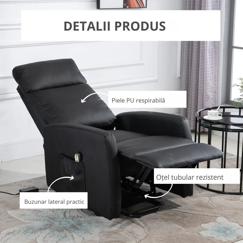 HOMCOM Fotoliu Ridicare Electric 145° – Rabatabil pentru Varstnici, Negru