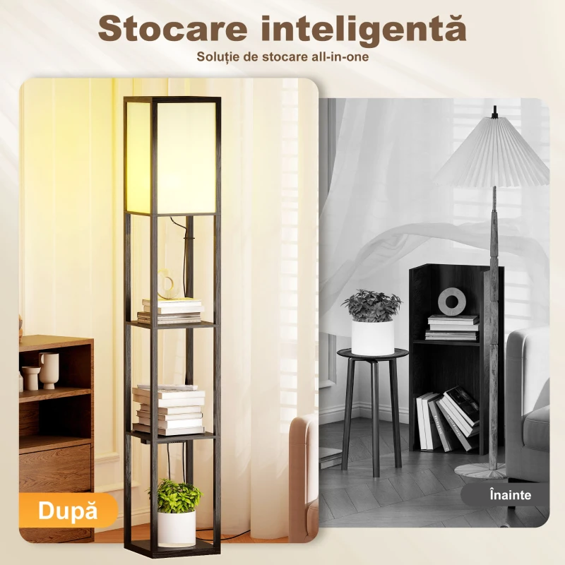 Lampă de Podea HOMCOM LED cu Rafturi, Lampă Modernă cu Comutator și Porturi USB, Lumină Reglabilă pentru Living și Dormitor, Neagră