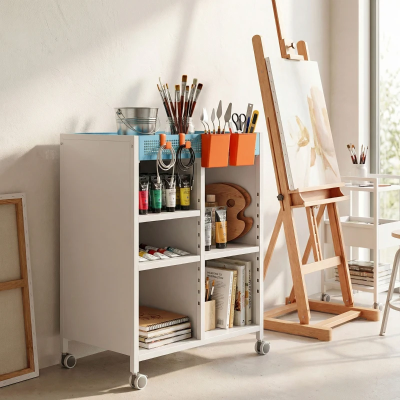 HOMCOM Boekenkast op Wielen, 4-laags, Verstelbare Planken & Hangmanden voor Home Office en Woonkamer, Wit